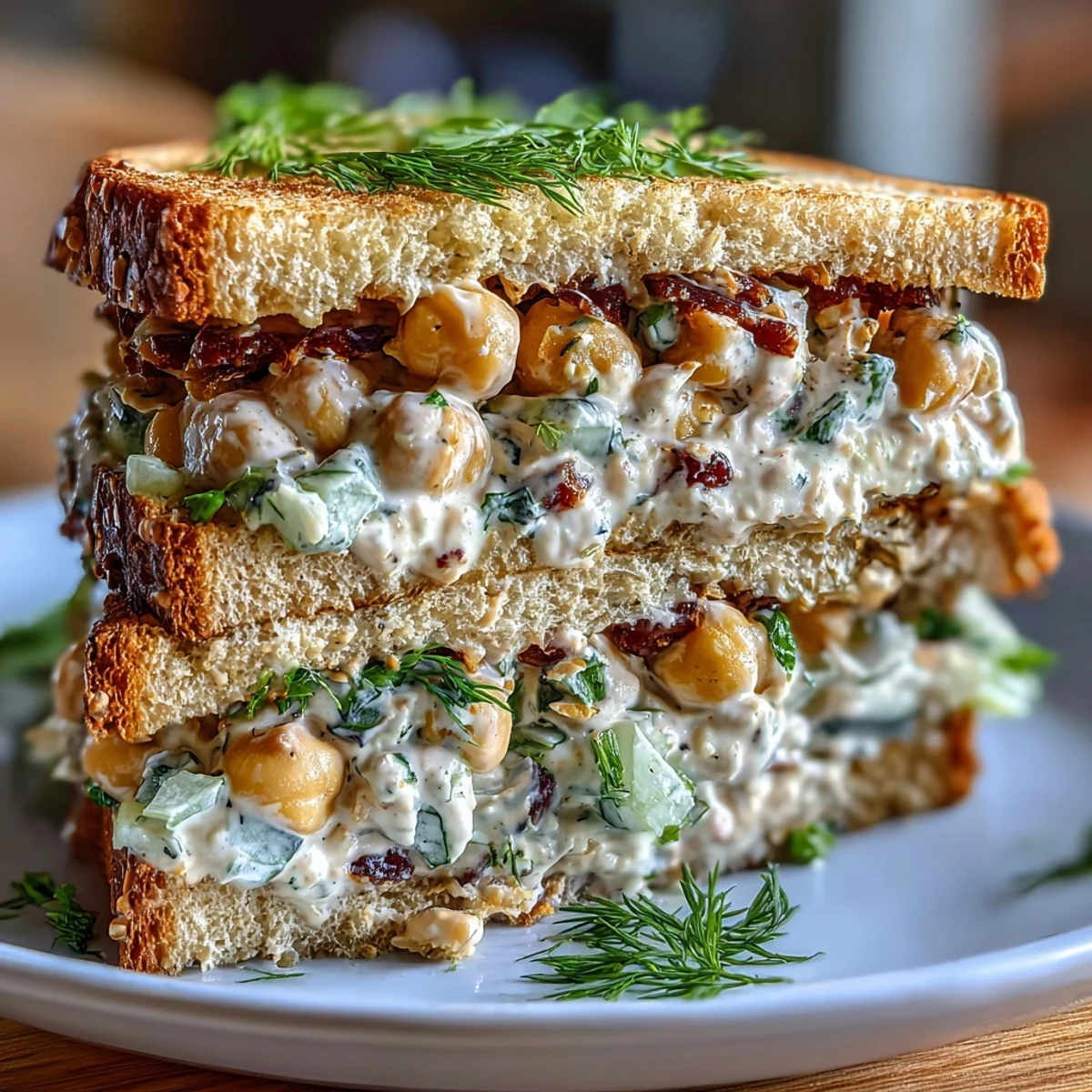 Creamy chickpea salad sandwich with fresh herbs and tangy Dijon, served on soft whole grain bread.  