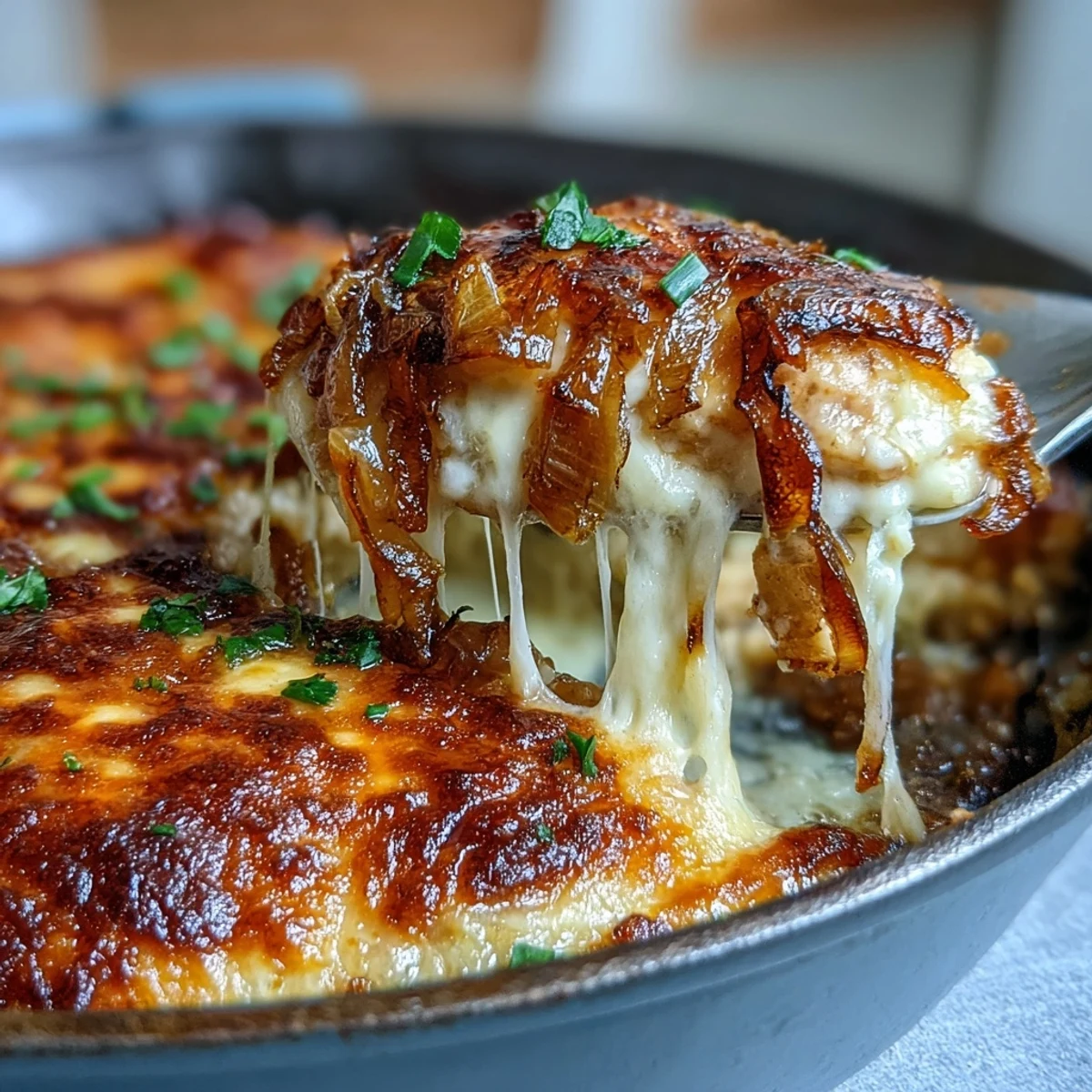 French Onion Chicken Bake with Melted Gruyere: golden chicken breasts baked in rich caramelized onions and topped with bubbling Gruyere cheese.
