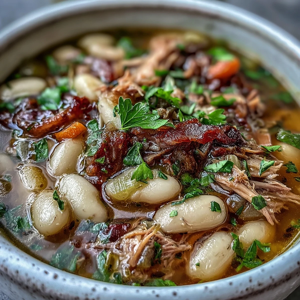 Hearty white bean and ham hock soup with tender beans, smoky meat, and aromatic vegetables in a savory broth.  