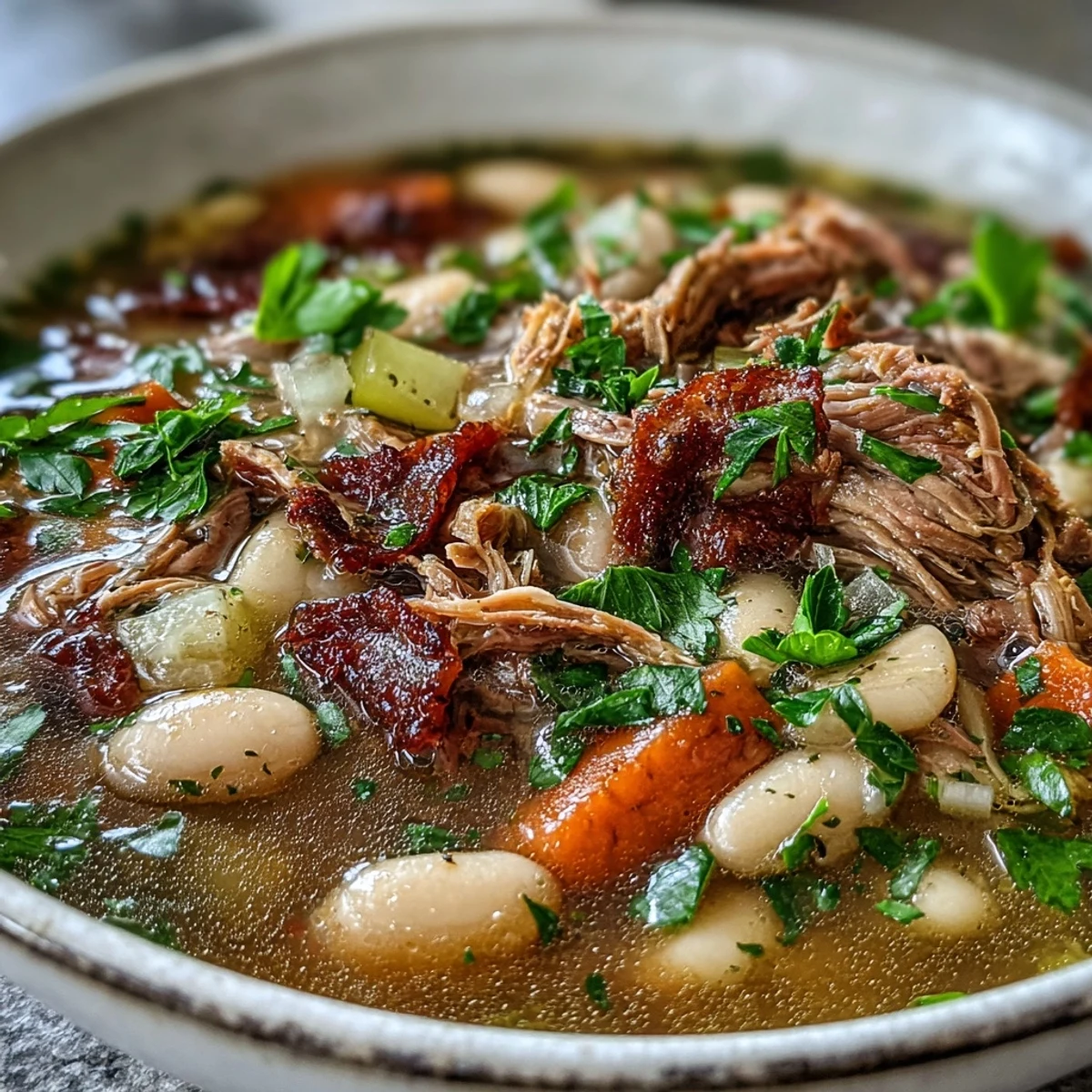 Rich Southern-style white bean soup featuring slow-simmered ham hock, carrots, celery, and herbs for deep flavor.  