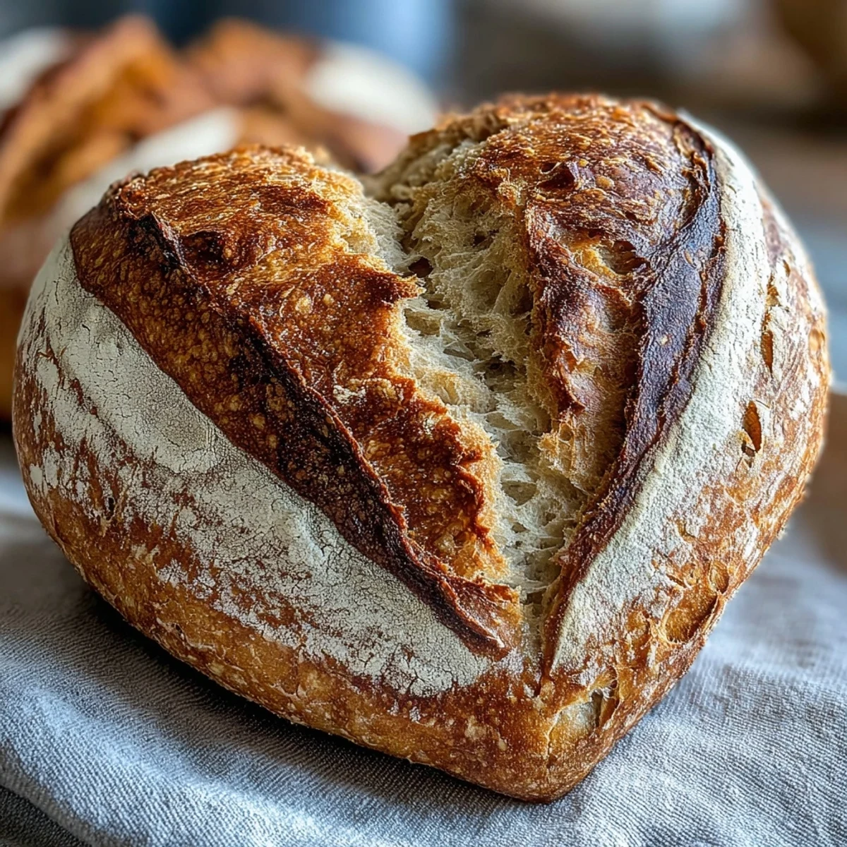 Heart-shaped sourdough bread with crisp crust and artistic flour patterns, perfect for Valentines Day or special occasions.  