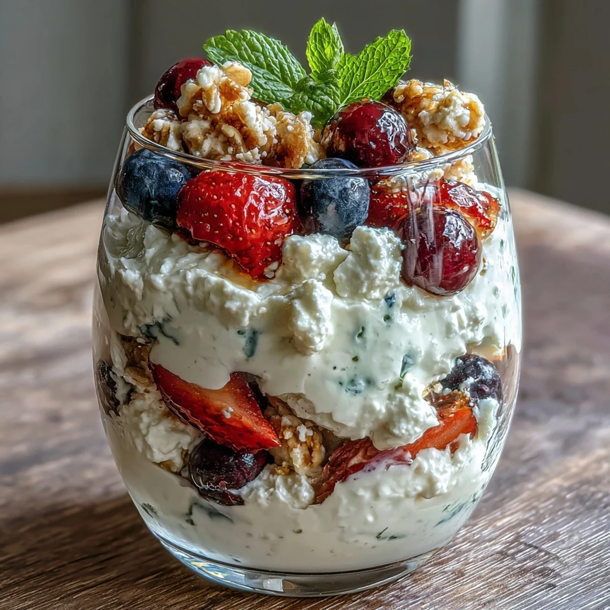 Cottage cheese berry parfait with granola, a protein-rich breakfast layered with fresh strawberries, blueberries, and crunchy granola.