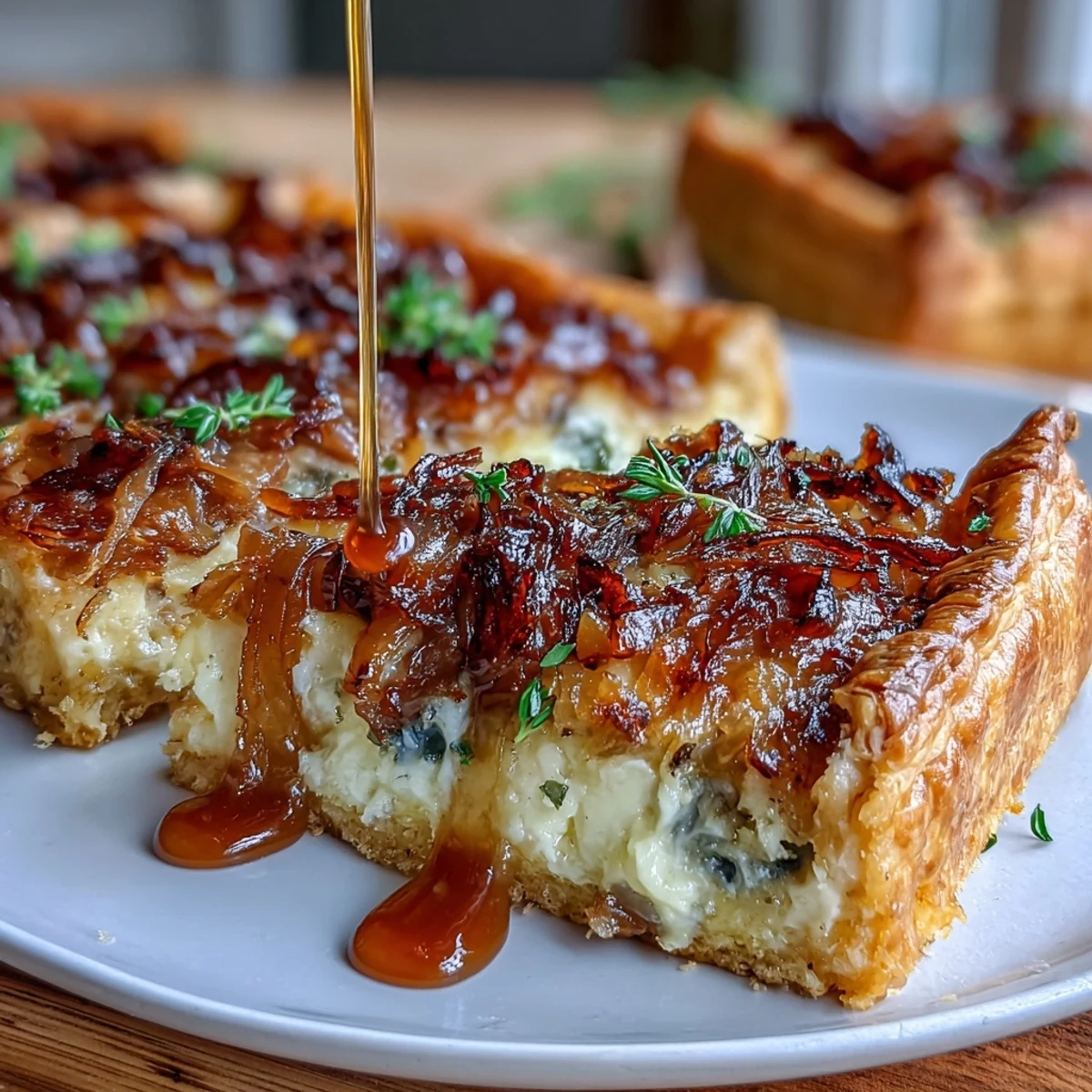 Caramelized Onion and Gruyere Tart with golden onions and melted cheese in a buttery pastry crust.