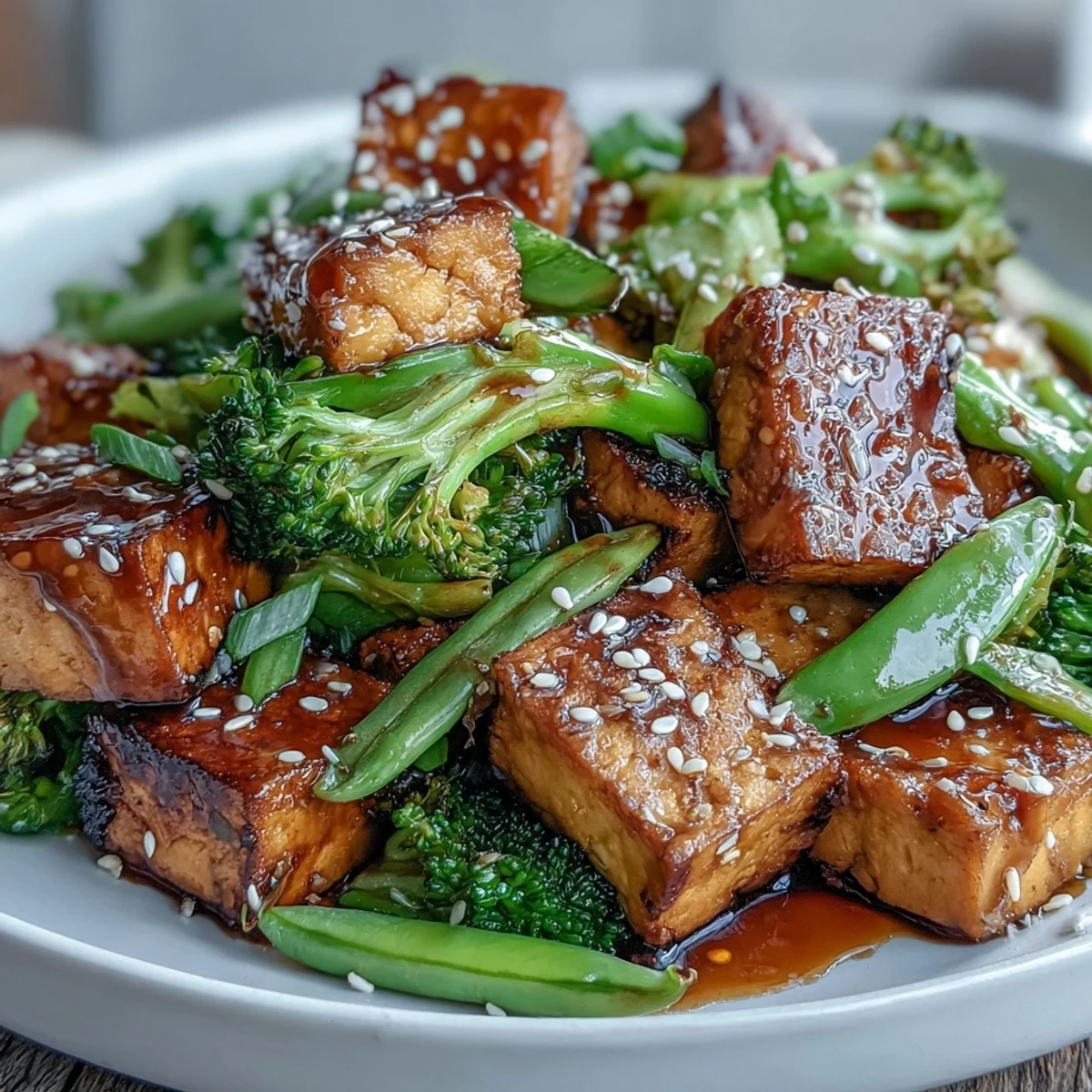 Colorful tofu and vegetable stir-fry glazed in sweet-savory teriyaki sauce, served hot with sesame seeds and fresh cilantro. Perfect for quick weeknight meals.