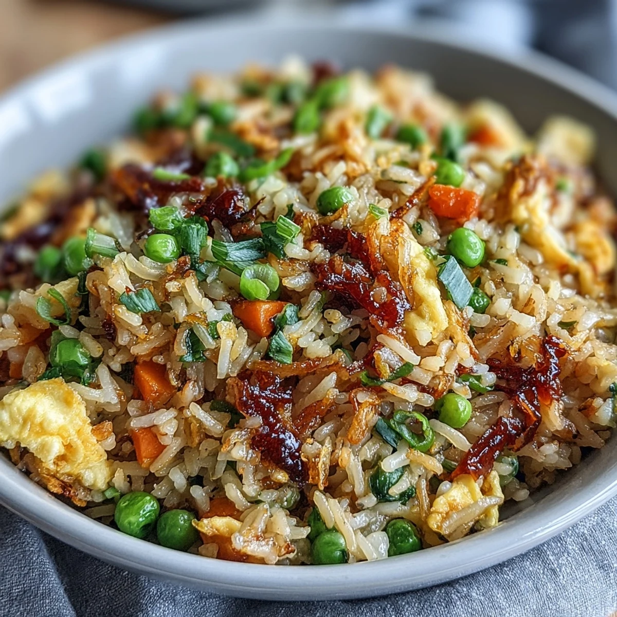 Bright, flavorful fried rice loaded with spring peas, carrots, and bell peppers, perfect for a quick vegetarian meal.  