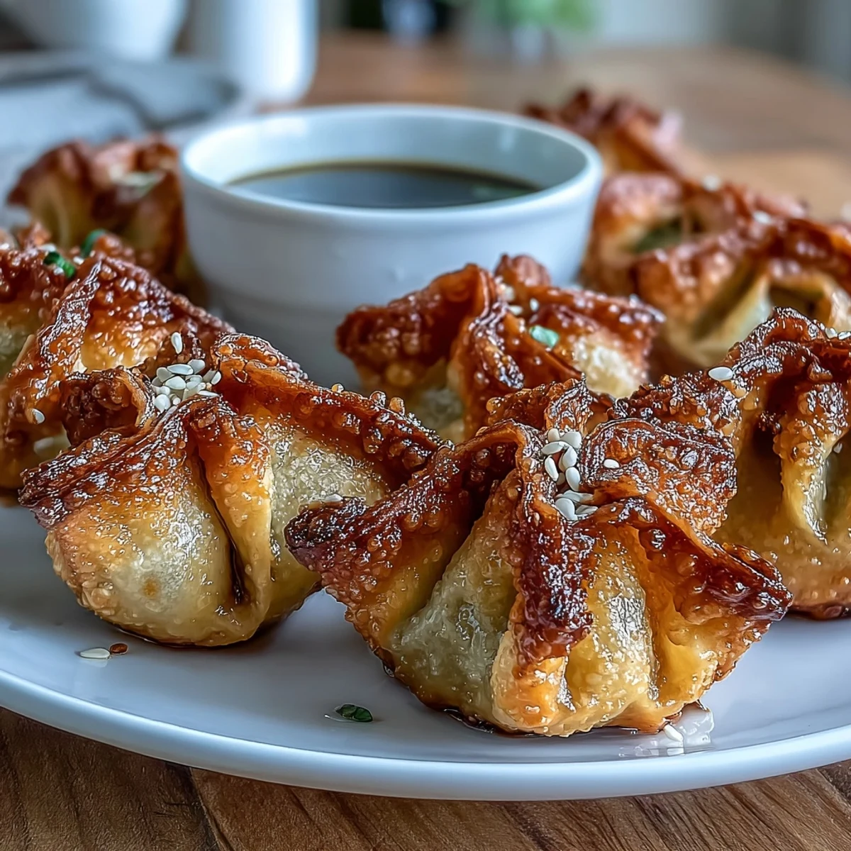 Air-fried dumplings with a crisp exterior and savory center, served alongside a flavorful soy ginger dipping sauce for the ultimate appetizer.