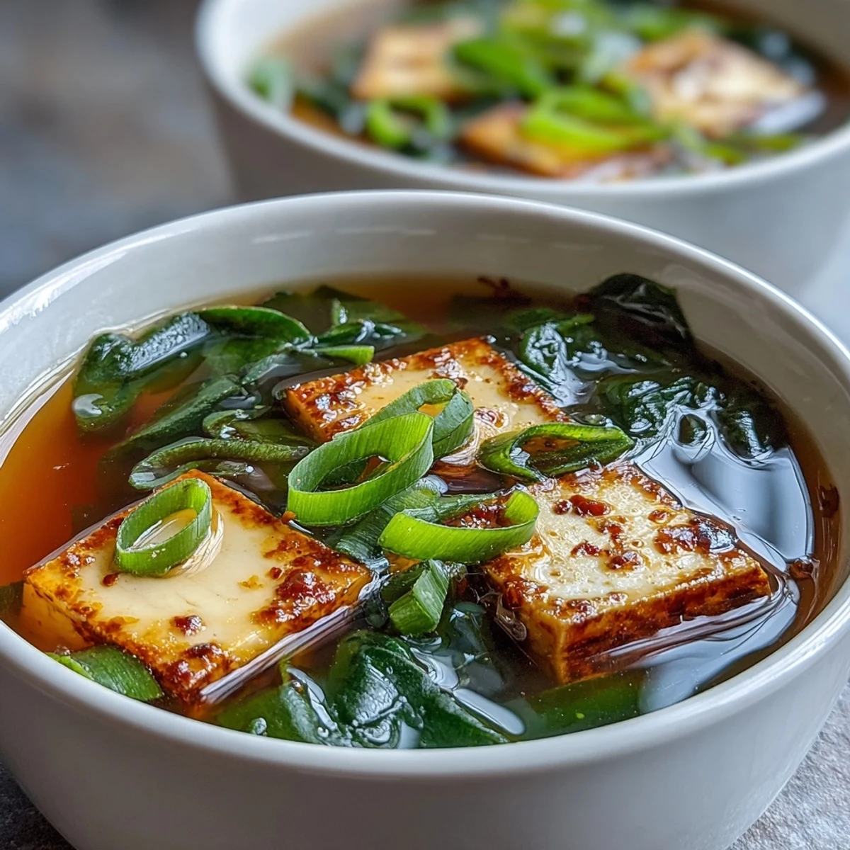 Creamy tofu cubes, wilted spinach, and fresh green onions float in a fragrant miso soup.  