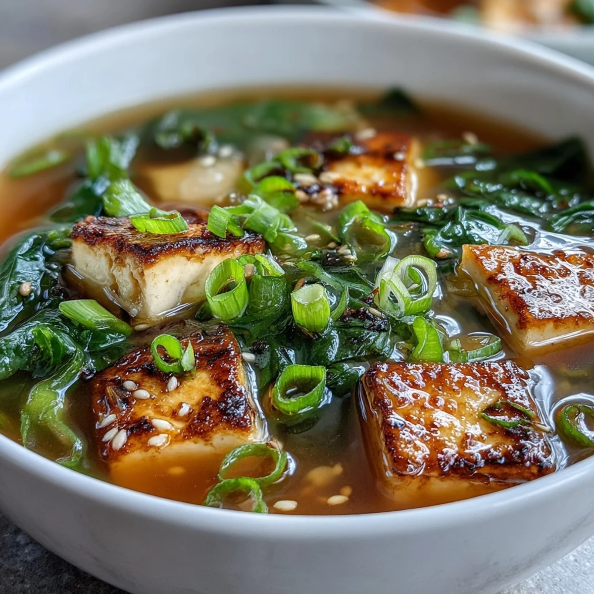 Japanese miso soup with silken tofu, vibrant spinach, and sliced scallions served in a bowl.