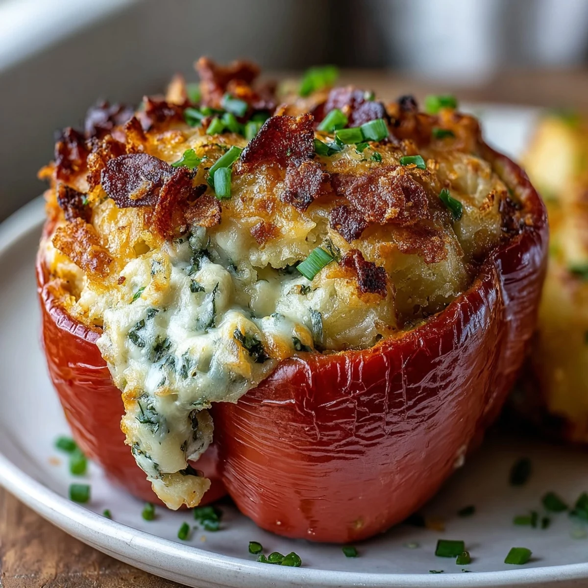 Close-up of funeral potatoes stuffed bell peppers topped with crispy cornflake crust.