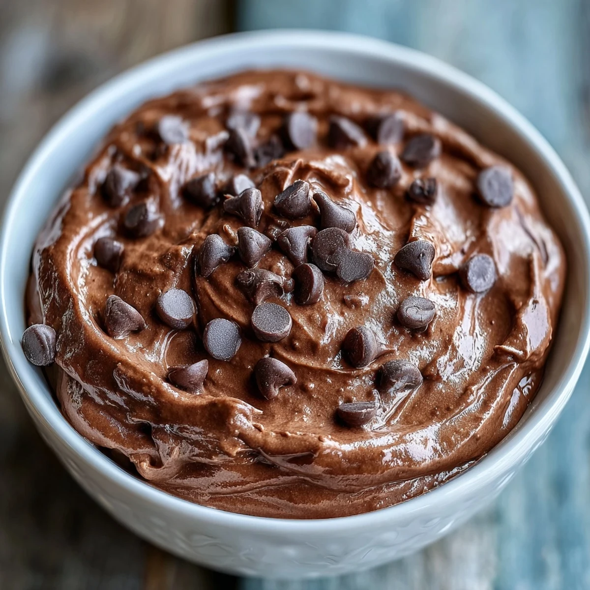A creamy cottage cheese brownie batter dip served with fresh strawberries, apple, banana, and grape slices for dipping.