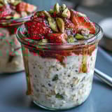 Layered strawberry and pistachio overnight oats topped with Greek yogurt, chia seeds, and a touch of vanilla for a make-ahead meal.