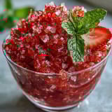 Fluffy strawberry lime daiquiri granita with vibrant red color, garnished with fresh mint leaves and lime wedges for a festive look.