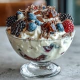 Creamy Greek yogurt layered with sweet mixed berries and rich dark chocolate shavings in elegant glasses.  