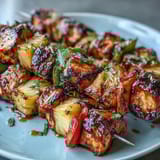 Grilled chicken pineapple kabobs with bell peppers sizzle on the barbecue, featuring juicy chicken, sweet pineapple, and vibrant peppers.