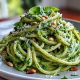 Vibrant green avocado pesto coats al dente spaghetti, topped with fresh basil and grated Parmesan for a quick vegetarian meal.