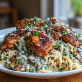 One-pan creamy garlic mushroom chicken orzo, a comforting and flavorful meal.