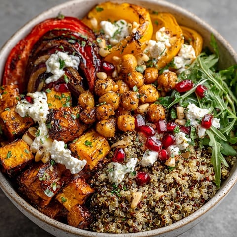 Winter Mediterranean Quinoa Bowl topped with roasted vegetables, crispy chickpeas, and vibrant pomegranate seeds