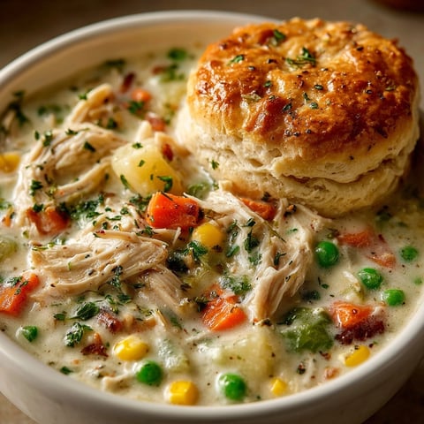 Chicken Pot Pie Soup with biscuits: A steaming bowl of creamy soup with golden, flaky biscuits alongside.