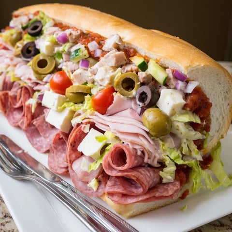 A colorful Flavor Mash-Up Sandwich loaded with fresh vegetables and deli meats.  