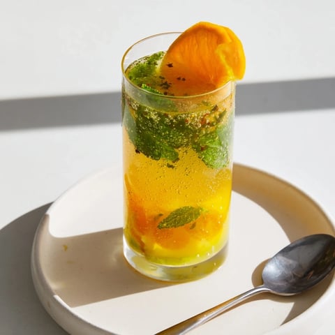 Refreshing probiotic soda mocktail with vibrant citrus and mint for summer enjoyment.  