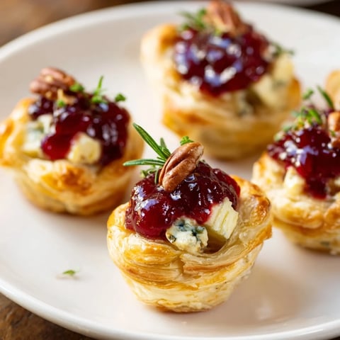 Express Cranberry Sauce Brie Bites, golden pastry cups with melted Brie and vibrant cranberry sauce.