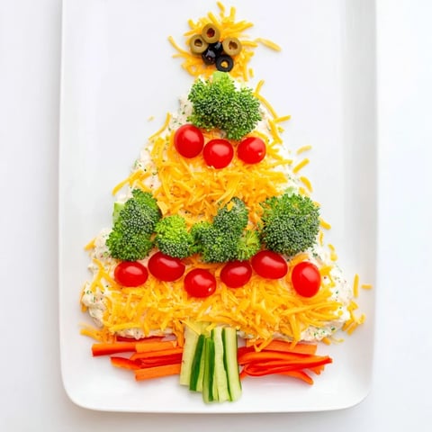 Simplified Christmas Tree Dip platter with vibrant veggies and creamy dip ready to eat.