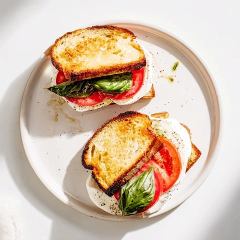 Golden, melty Tomato Basil Burrata Stuffed Grilled Cheese sandwich shown, oozing creamy cheese and tomatoes.