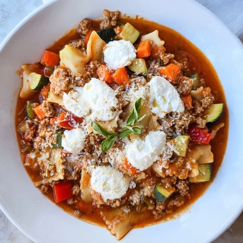 Healthy Lasagna Soup, a flavorful, steaming bowl of comfort with melted cheese.