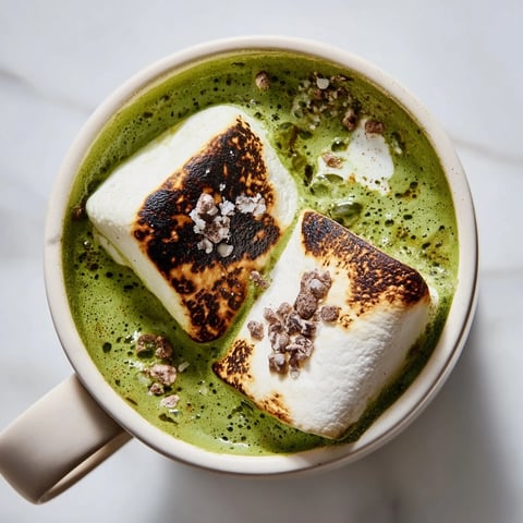 Steaming mug of Toasted Marshmallow Campfire Matcha Hot Cocoa, topped with charred, golden marshmallows.