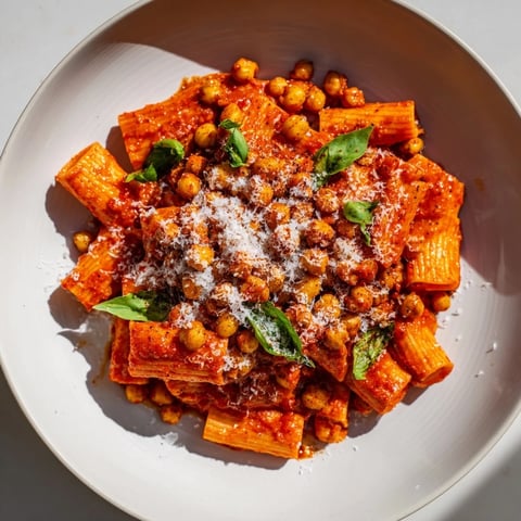 Spicy Arrabbiata Roasted Chickpea Crunch Pasta, a vibrant dish with crispy chickpeas and creamy sauce.