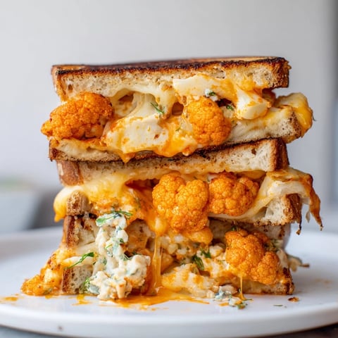 Buffalo Cauliflower Ranch Grilled Cheese with melted cheese oozing between golden crusty bread.