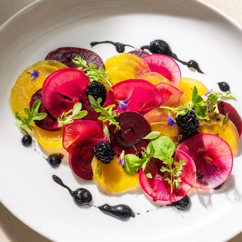 Artful layers of golden beets and blackberries make up this Shadow Play appetizer.