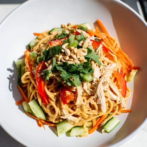 A colorful bowl of Thai-Inspired Peanut Chicken Pasta, cool and refreshing for a hot day's lunch.
