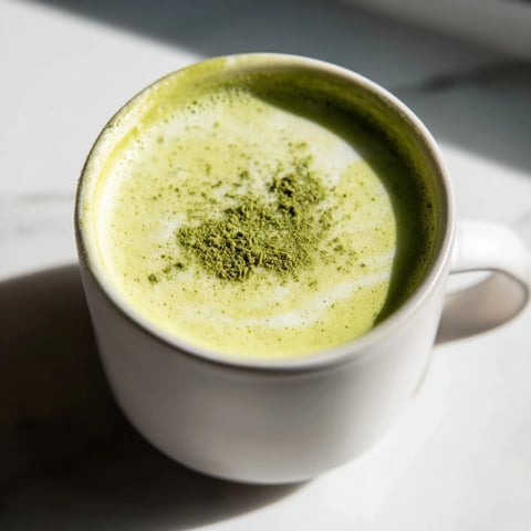 Frothy matcha green tea latte, a vivid green drink served hot, ideal for a morning delight.