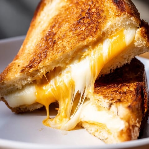 Golden-brown Three-Cheese Grilled Cheese slices resting on a plate, melted mozzarella, cheddar, and provolone oozing from the crispy, buttery sourdough crust.