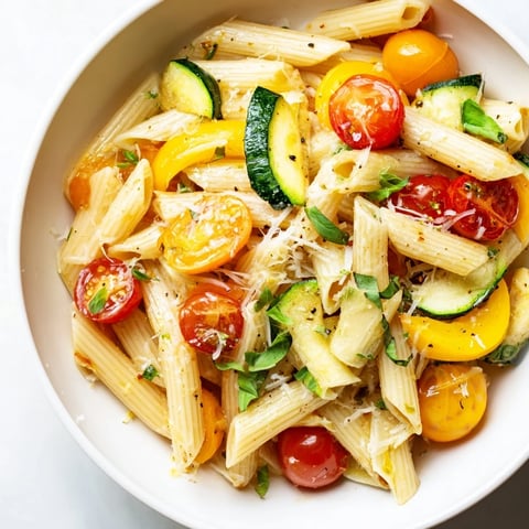 Bright, colorful Garden Veggie Pasta with zucchini, yellow squash, and juicy cherry tomatoes tossed in garlic olive oil.