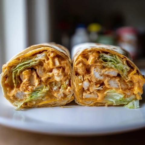 Golden-brown Buffalo Ranch Chicken Wrap sliced in half on a wooden board, showing melted cheddar, crisp romaine, and juicy buffalo chicken.