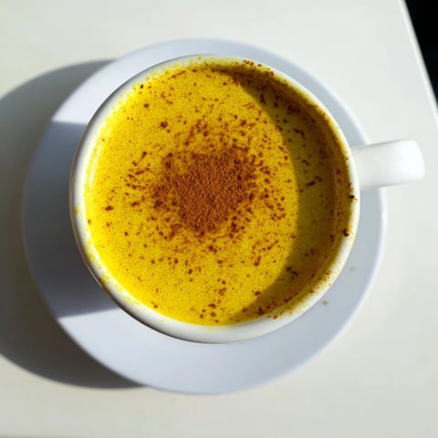 Creamy turmeric and ginger golden milk in a ceramic mug, garnished with cinnamon and a drizzle of honey, steaming gently.  