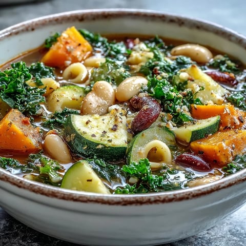 Hearty Winter Minestrone Soup brimming with colorful vegetables, perfect for a cozy mealtime.
