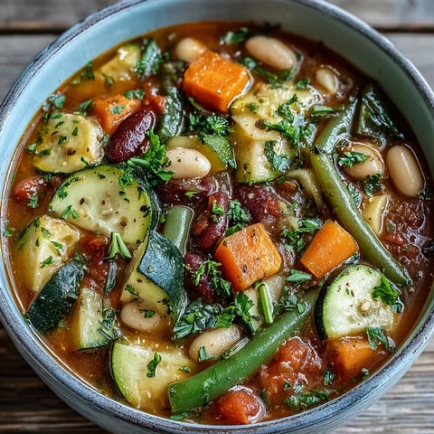 Hearty minestrone soup, full of colorful vegetables and pasta, served steaming hot.