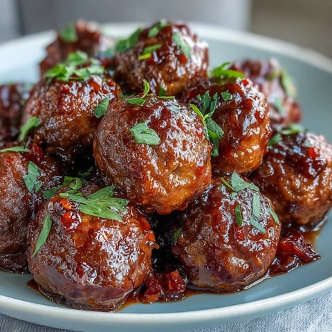 Sweet and Sour Crock Pot Meatballs glistening in tangy apricot sauce, served hot for an easy party appetizer.