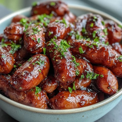 Glistening Crock Pot BBQ Cocktail Sausage glazed in apricot barbecue sauce, served warm with toothpicks for easy party snacking.