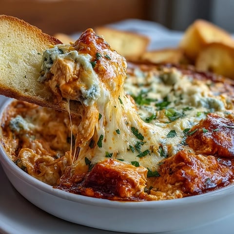 Creamy Crock Pot Buffalo Chicken Dip bubbling with melted cheddar and mozzarella, served with tortilla chips and celery sticks.