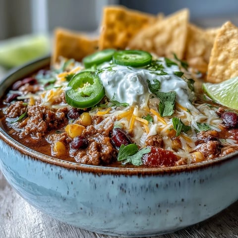 A warm bowl of Taco Soup topped with shredded cheddar, sour cream, and fresh cilantro.