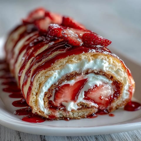 Close-up of Strawberry Shortcake Sushi Roll slices showing creamy whipped cream and fresh berry layers inside golden crepes. 