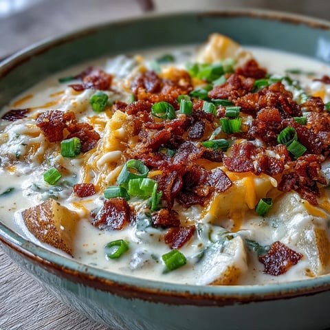 Hearty Loaded Potato Soup served in a rustic bowl, topped with crispy bacon crumbles and fresh green onions.