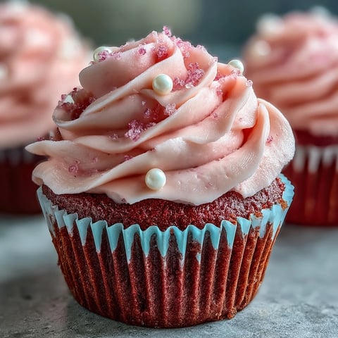 A single Pink Velvet Cupcake with vanilla buttercream frosting is displayed on a white plate, ready to serve.