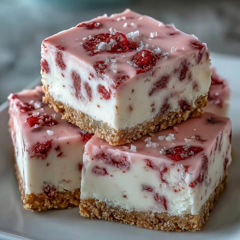 Delicious No-Bake Strawberry Fudge Squares with a creamy pink filling on a graham cracker crust.