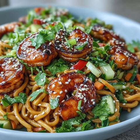 15-Minute Asian Noodle Bowl With Grilled Shrimp topped with vibrant fresh vegetables and a zesty lime wedge.