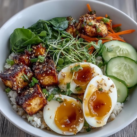 Steaming bowl of Tofu Jammy Egg Breakfast Bowl with fluffy rice, sautéed tofu, and jammy eggs in ginger scallion sauce.